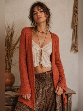 Boho Goblincore Open Knit Shawl Cardigan High Low Earthy Festival Fairycore